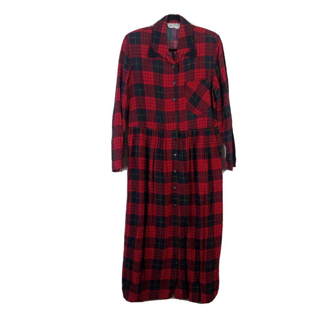 Miss Dorby 14 Dress Plaid Button Front Long Sleeve Red Black Collared Vintage